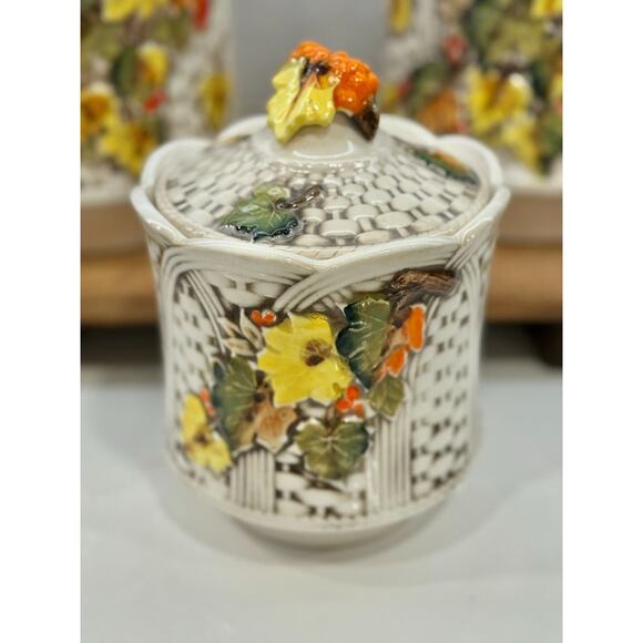 MCM Lefton Basketweave Autumn Leaves Canister Cookie Jar Set Japan 1960s Fall - Picture 3 of 10